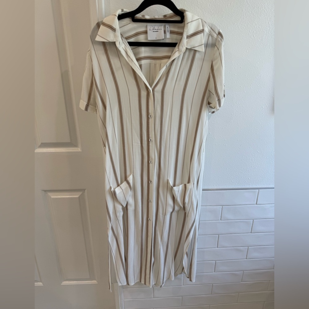 L'Academie Cream and Brown Striped Midi Dress Size Small